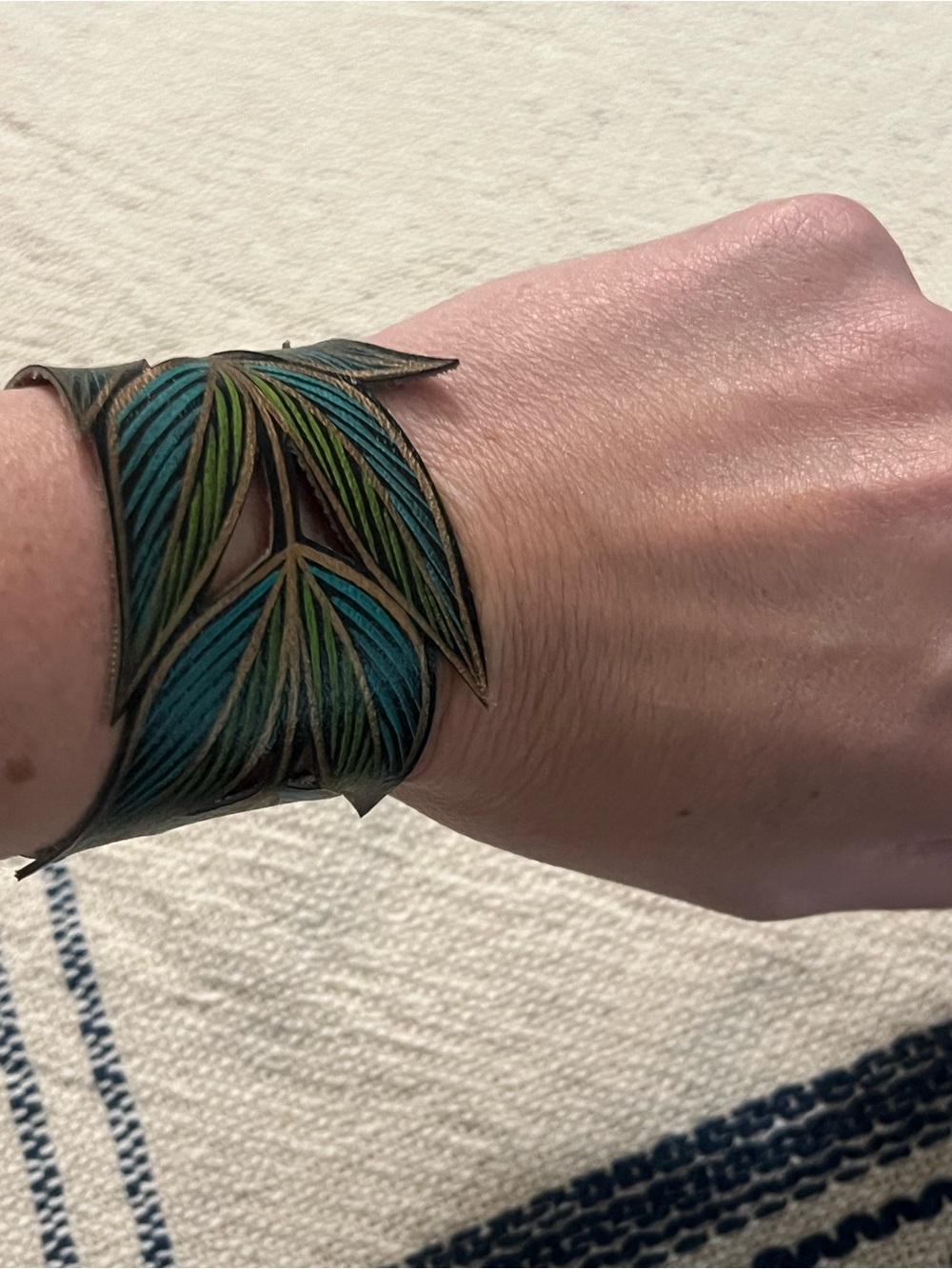 Handcrafted Teal and Green Leaf Cuff Bracelet